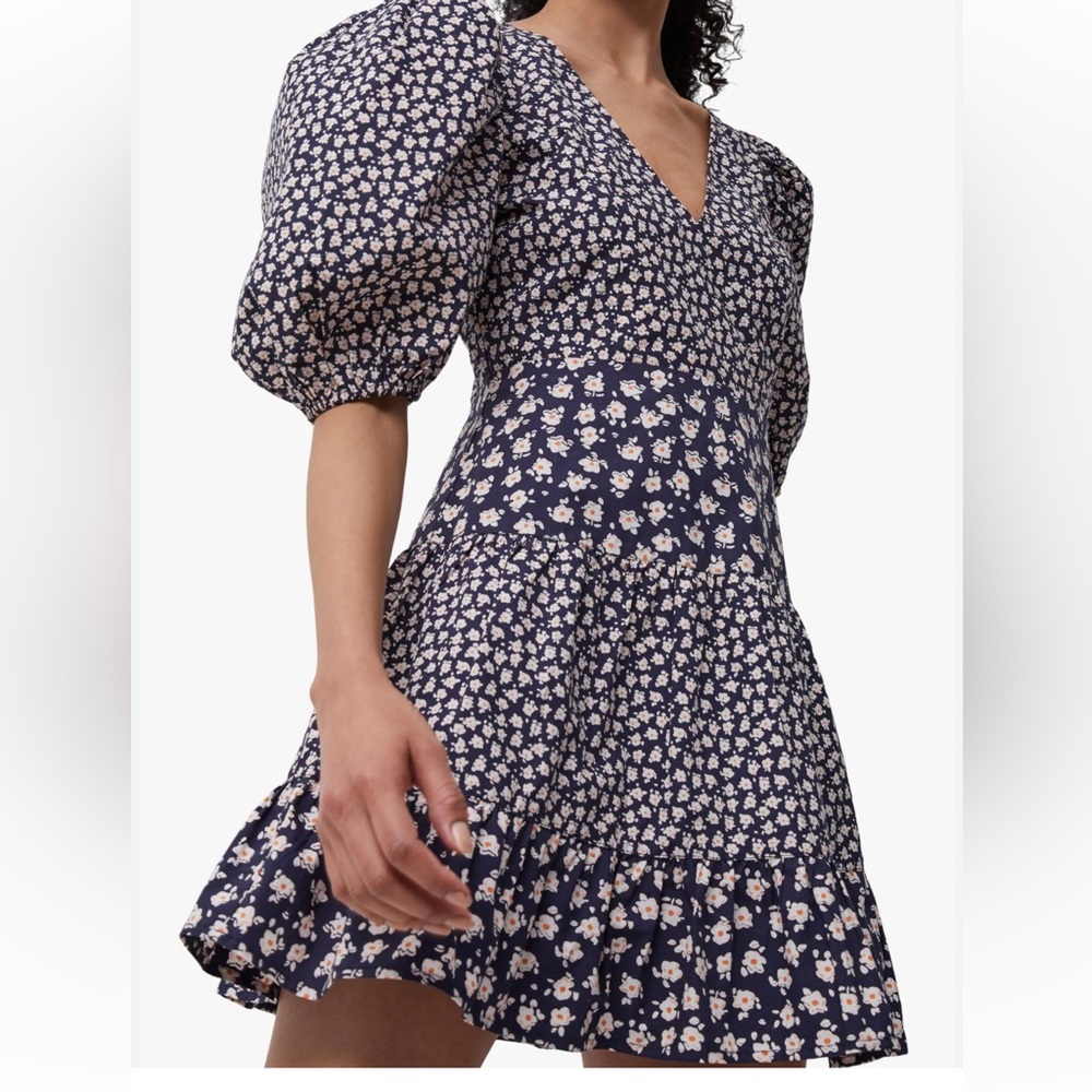 French connection aura blue floral puff sleeve tiered day dress size 4
